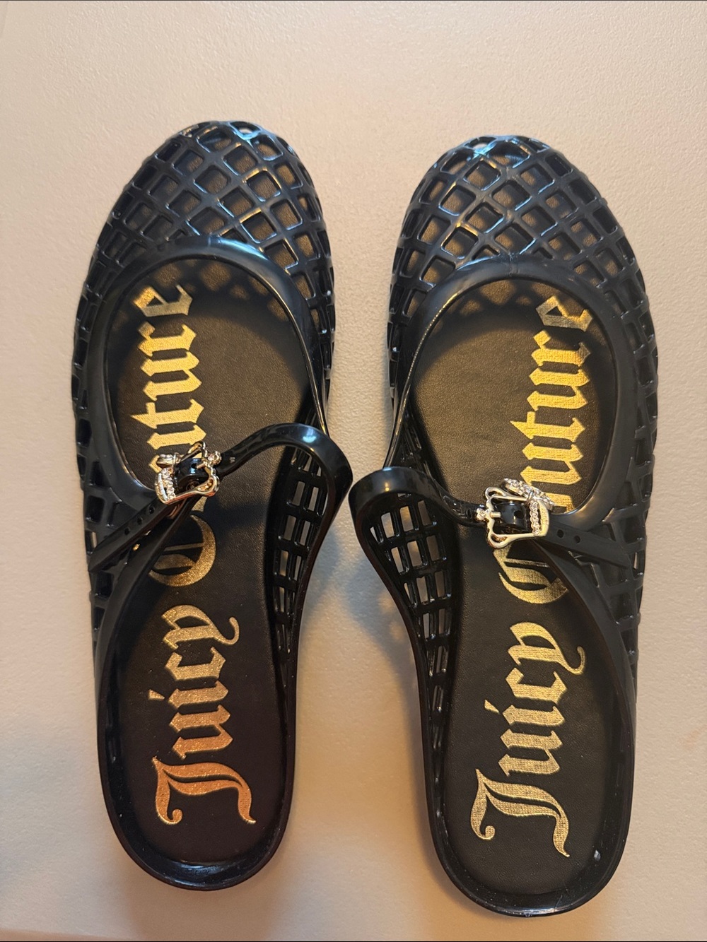 Juicy Couture Black Jelly Mary Jane Clogs with Gold Logo *NWOB*